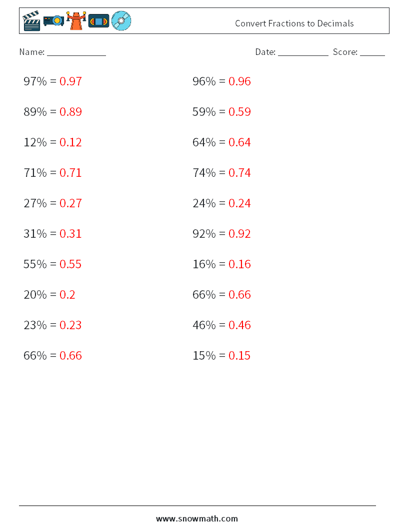 Convert Fractions to Decimals Maths Worksheets 7 Question, Answer