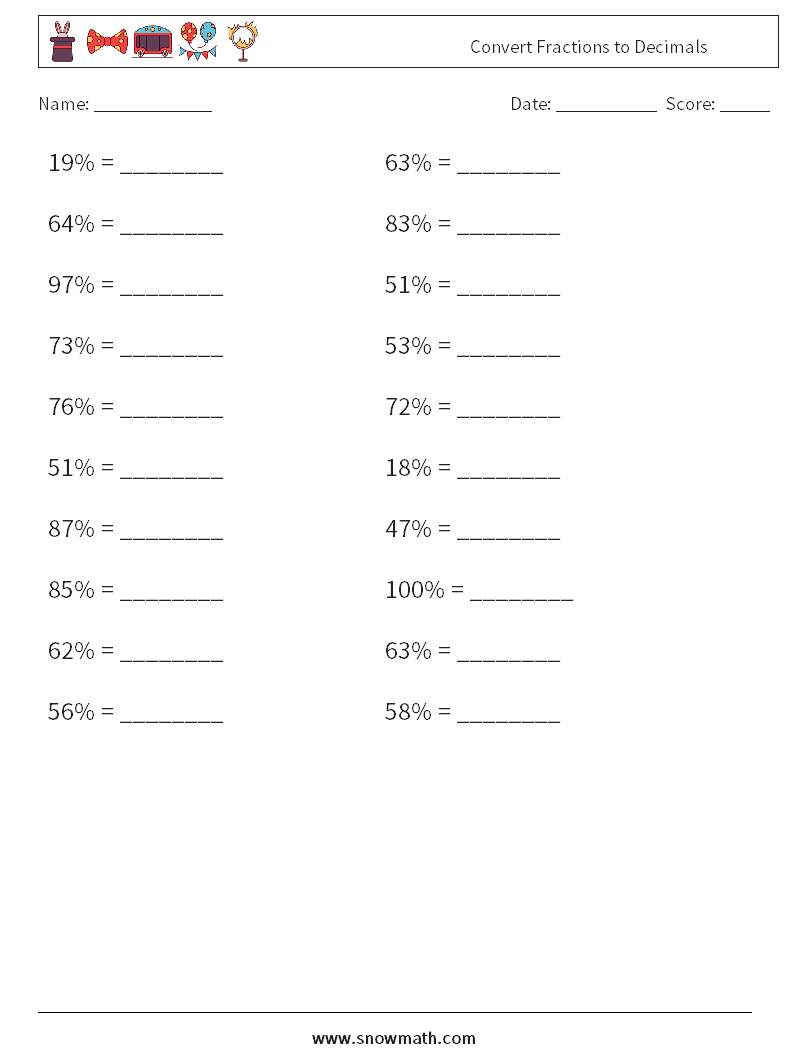 Convert Fractions to Decimals Maths Worksheets 8