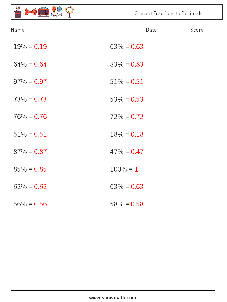 Convert Fractions to Decimals Maths Worksheets 8 Question, Answer