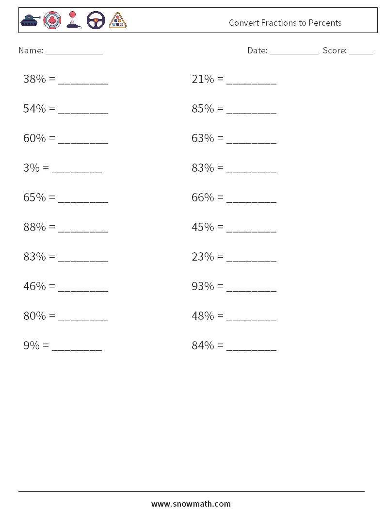 Convert Fractions to Percents Maths Worksheets 1