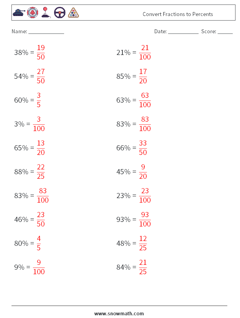 Convert Fractions to Percents Maths Worksheets 1 Question, Answer