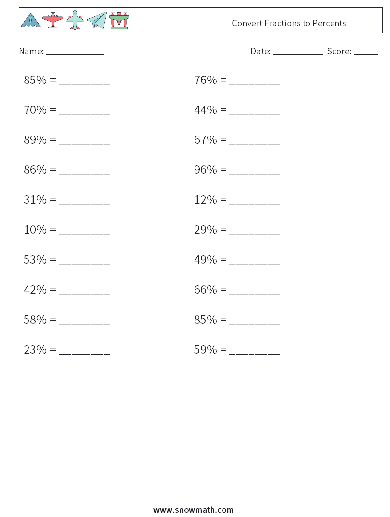 Convert Fractions to Percents Maths Worksheets 2