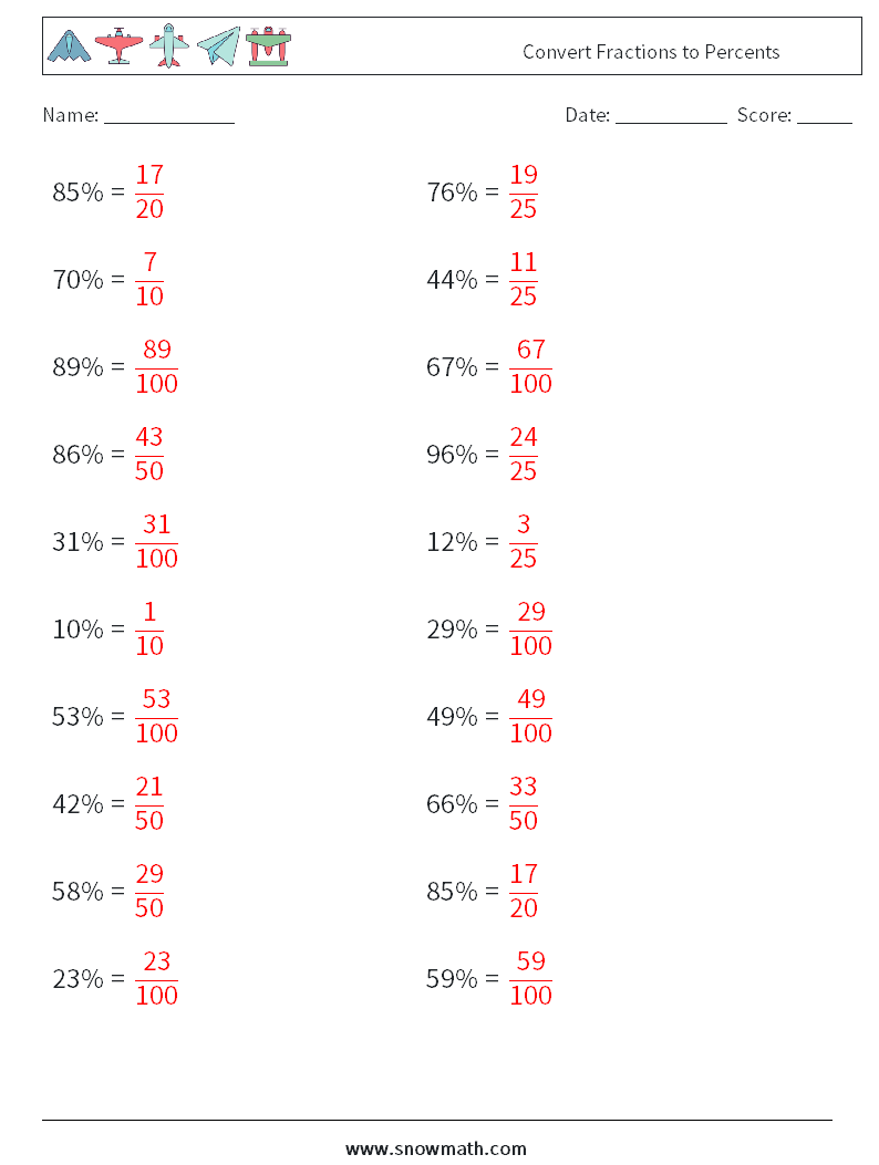 Convert Fractions to Percents Maths Worksheets 2 Question, Answer