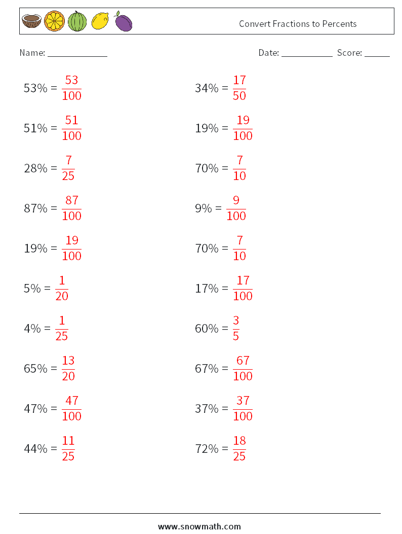Convert Fractions to Percents Maths Worksheets 3 Question, Answer