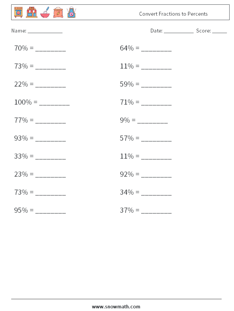 Convert Fractions to Percents Maths Worksheets 4