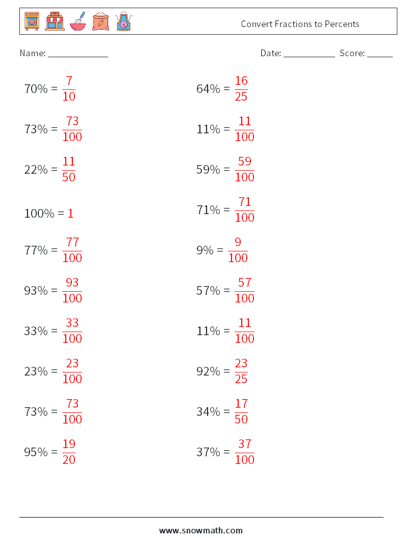 Convert Fractions to Percents Maths Worksheets 4 Question, Answer