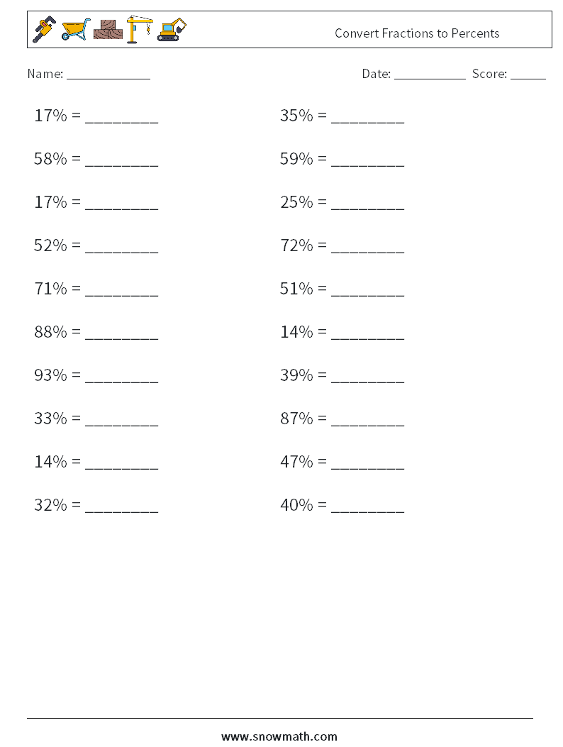 Convert Fractions to Percents Maths Worksheets 5