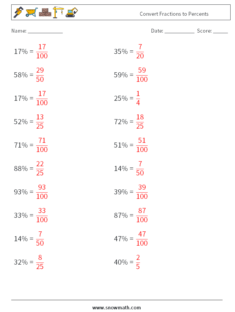 Convert Fractions to Percents Maths Worksheets 5 Question, Answer