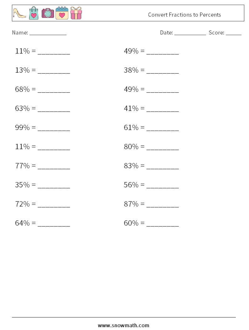 Convert Fractions to Percents Maths Worksheets 6