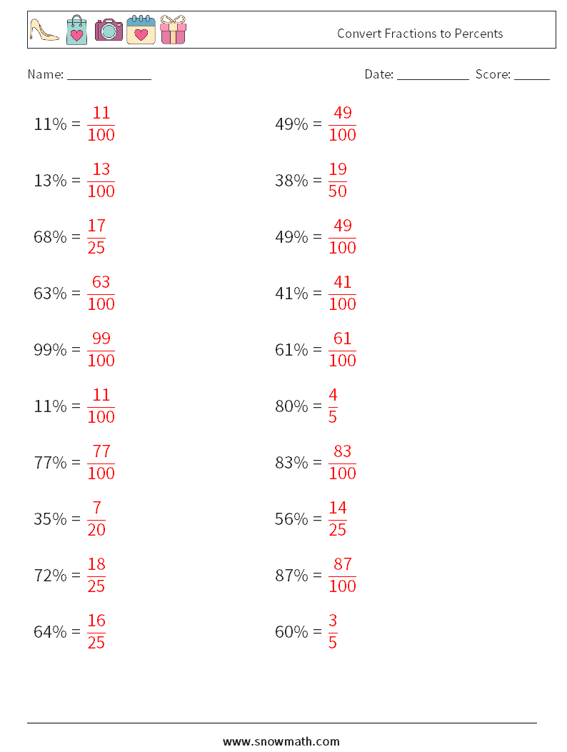Convert Fractions to Percents Maths Worksheets 6 Question, Answer