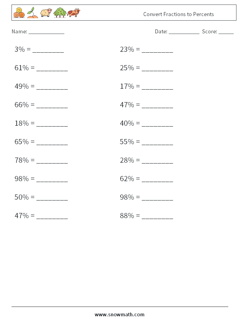 Convert Fractions to Percents Maths Worksheets 7