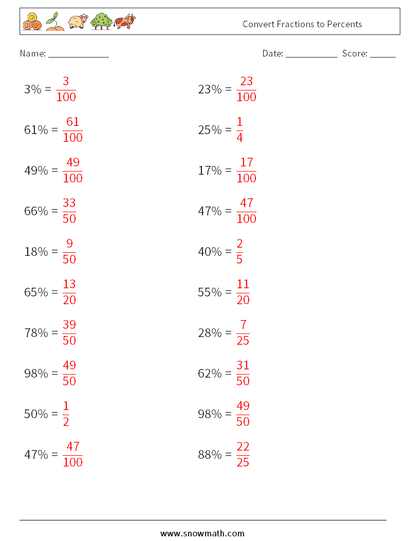 Convert Fractions to Percents Maths Worksheets 7 Question, Answer