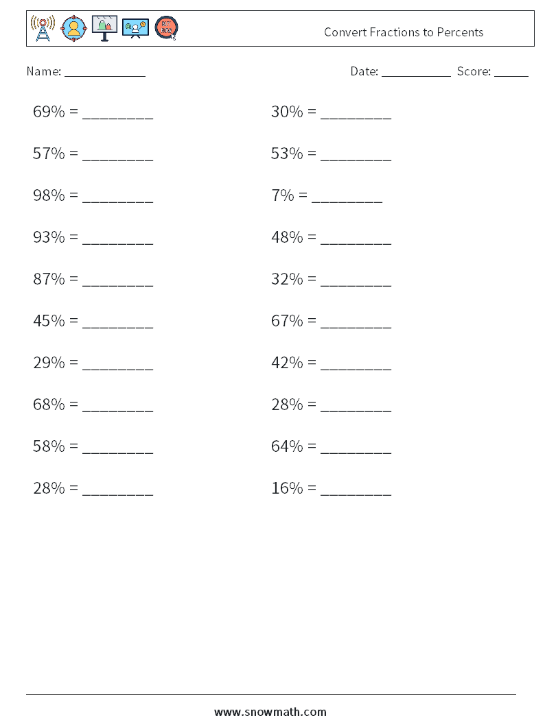 Convert Fractions to Percents Maths Worksheets 8