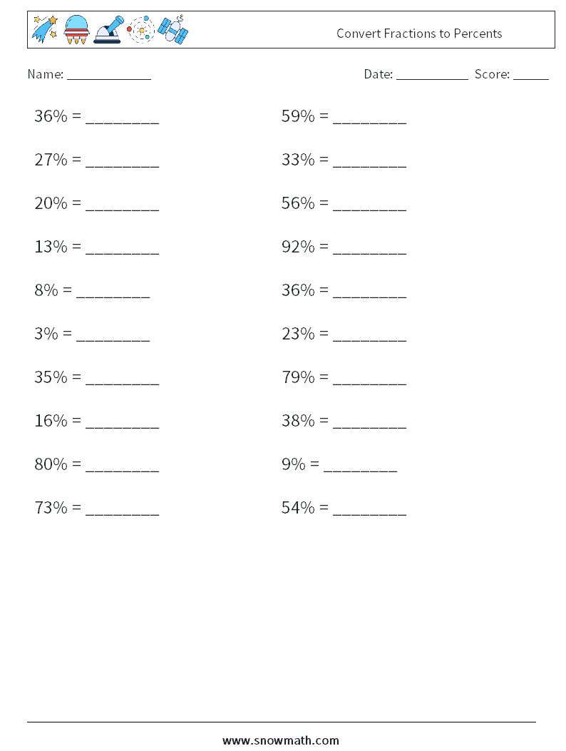 Convert Fractions to Percents Maths Worksheets 9