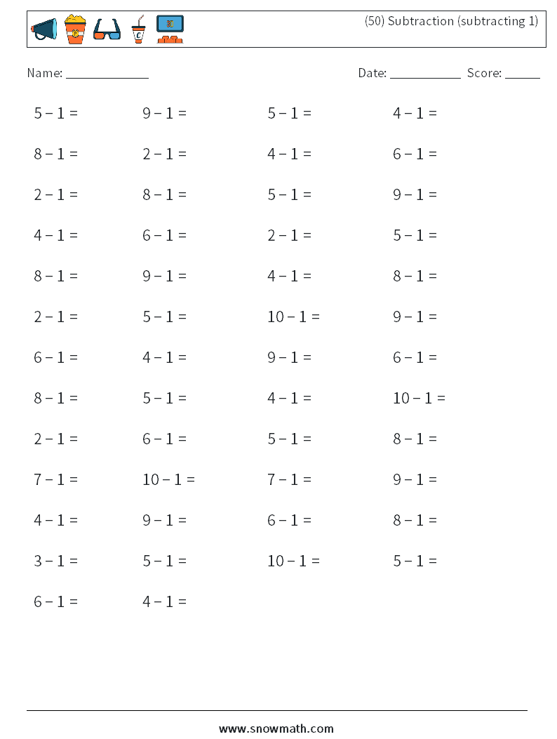 (50) Subtraction (subtracting 1) Maths Worksheets 3