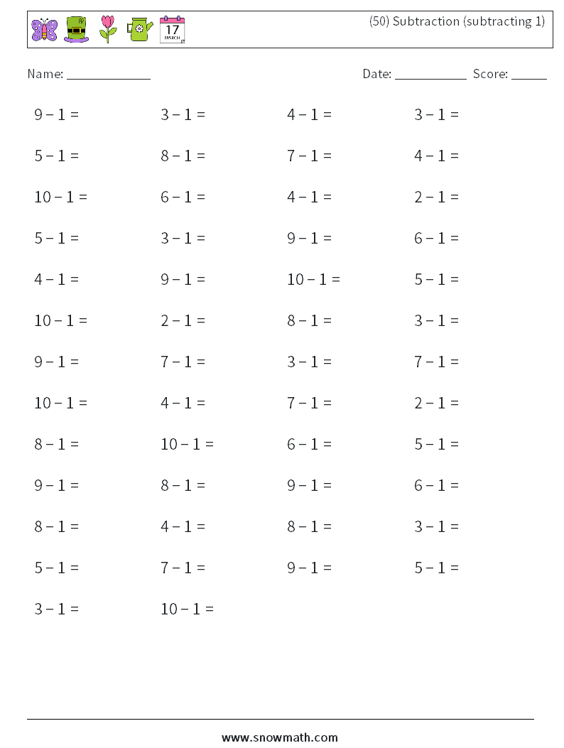 (50) Subtraction (subtracting 1) Maths Worksheets 8