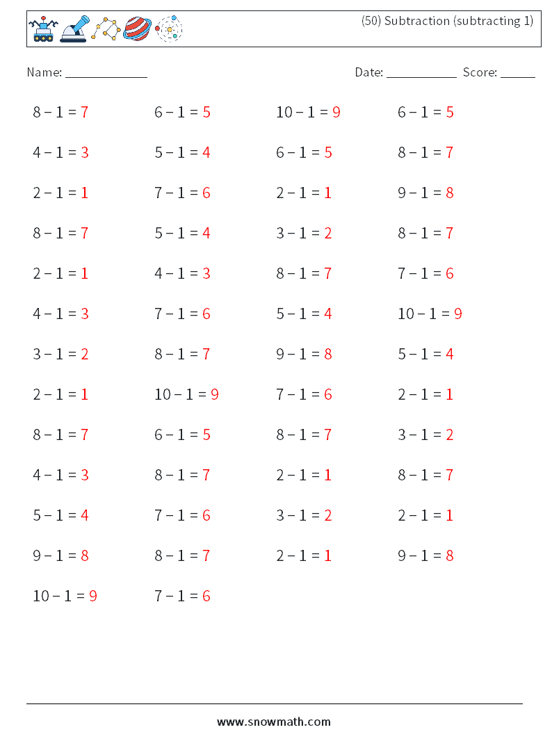 (50) Subtraction (subtracting 1) Maths Worksheets 9 Question, Answer