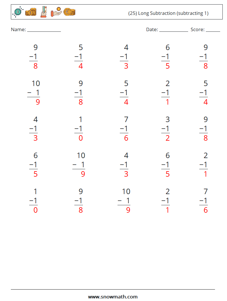 (25) Long Subtraction (subtracting 1) Maths Worksheets 1 Question, Answer