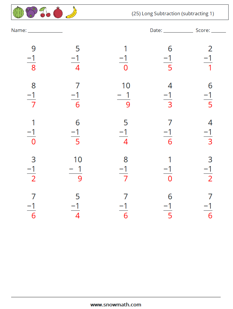 (25) Long Subtraction (subtracting 1) Maths Worksheets 2 Question, Answer