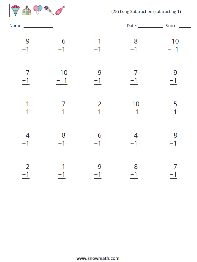 (25) Long Subtraction (subtracting 1) Maths Worksheets 3