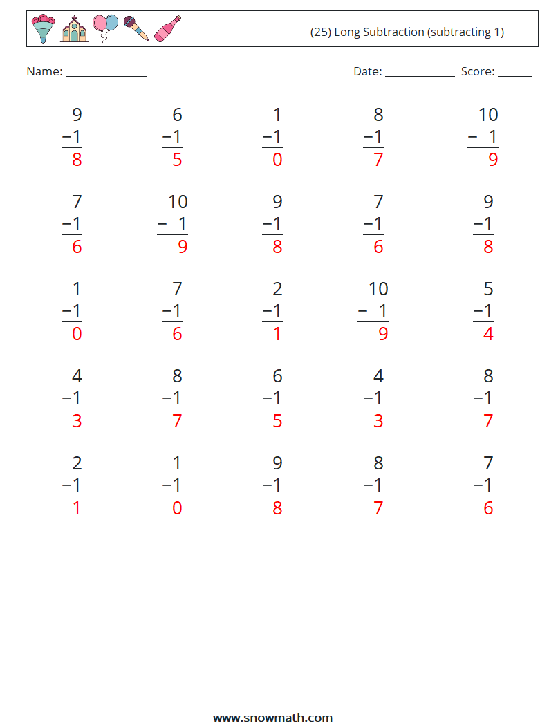 (25) Long Subtraction (subtracting 1) Maths Worksheets 3 Question, Answer