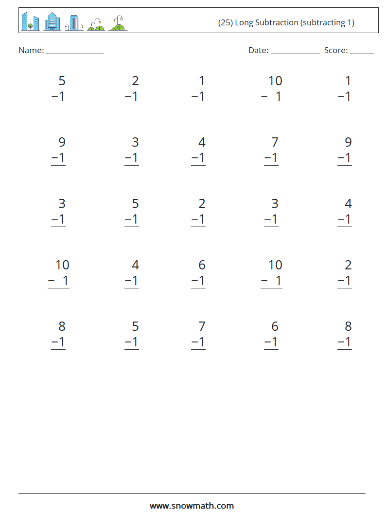 (25) Long Subtraction (subtracting 1) Maths Worksheets 4