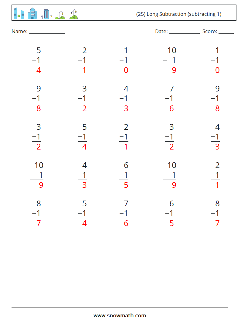 (25) Long Subtraction (subtracting 1) Maths Worksheets 4 Question, Answer