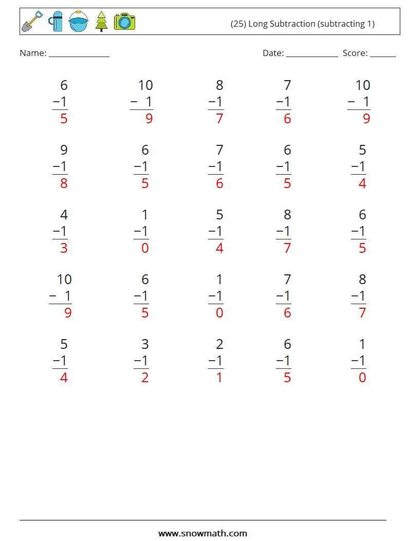 (25) Long Subtraction (subtracting 1) Maths Worksheets 5 Question, Answer