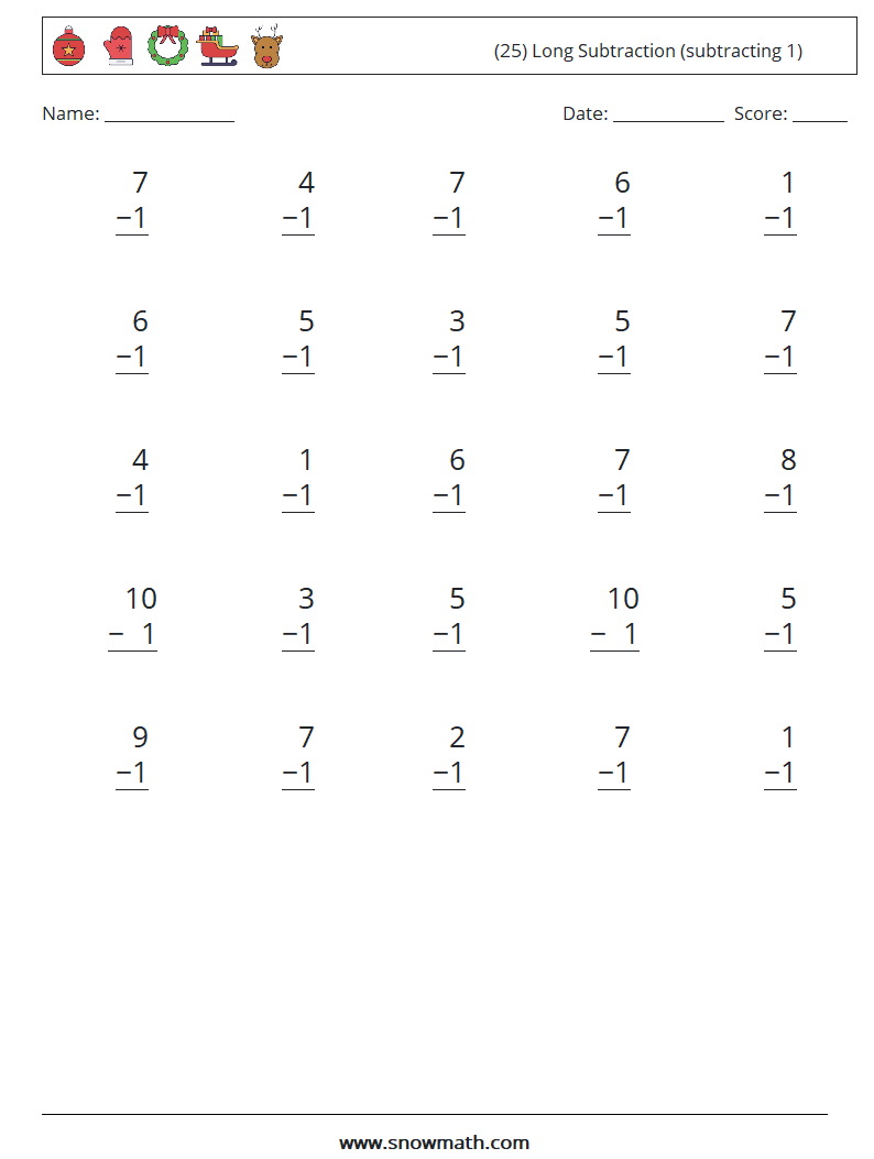 (25) Long Subtraction (subtracting 1) Maths Worksheets 6