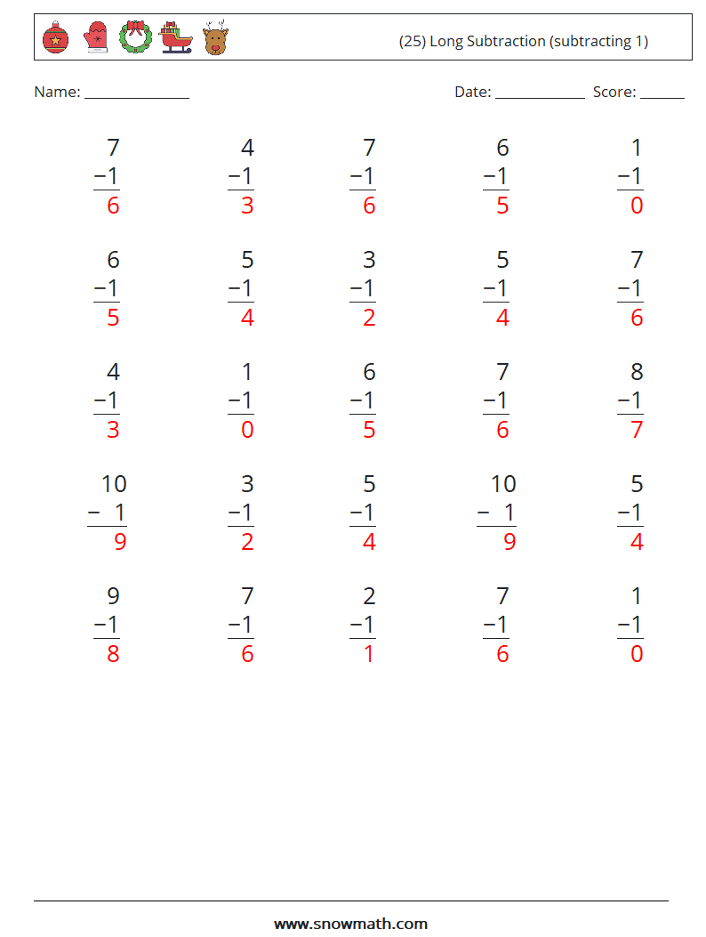 (25) Long Subtraction (subtracting 1) Maths Worksheets 6 Question, Answer