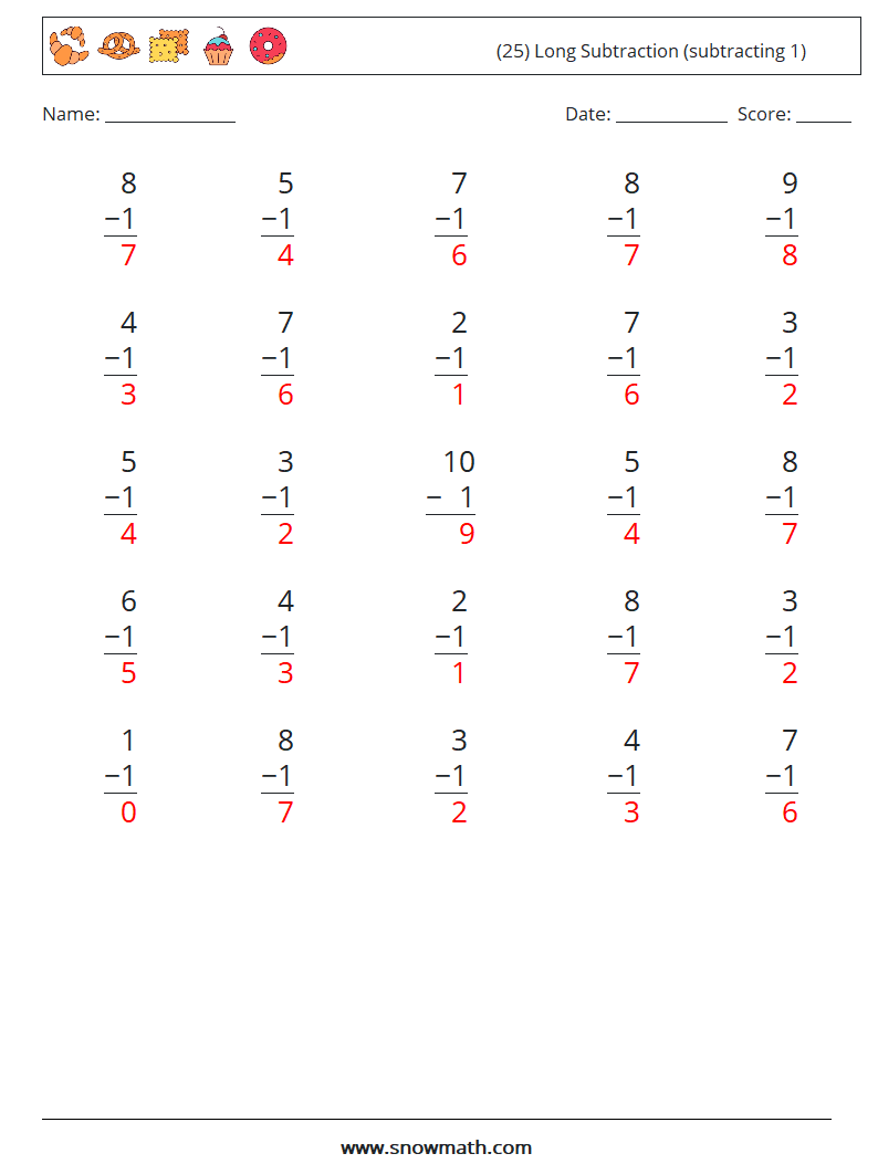 (25) Long Subtraction (subtracting 1) Maths Worksheets 7 Question, Answer