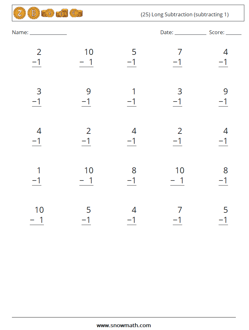 (25) Long Subtraction (subtracting 1) Maths Worksheets 9