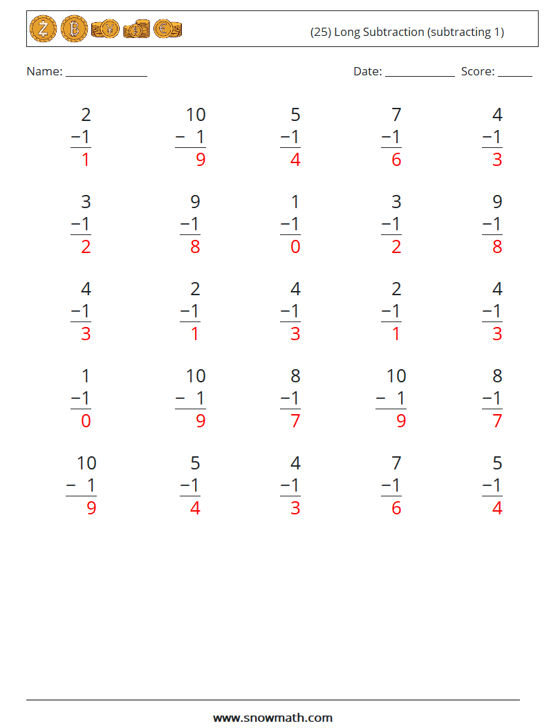 (25) Long Subtraction (subtracting 1) Maths Worksheets 9 Question, Answer