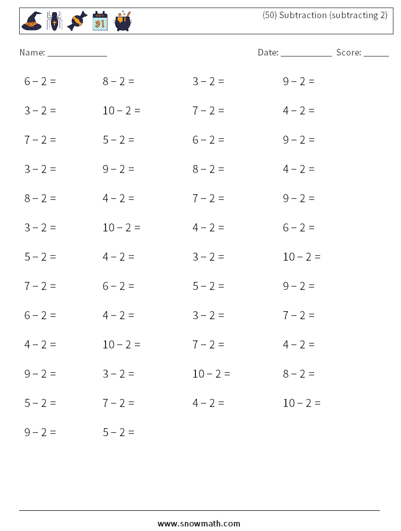 (50) Subtraction (subtracting 2) Maths Worksheets 3