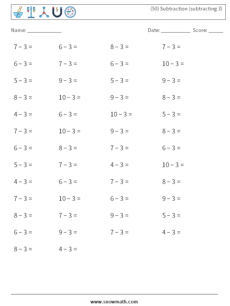(50) Subtraction (subtracting 3) Maths Worksheets 1