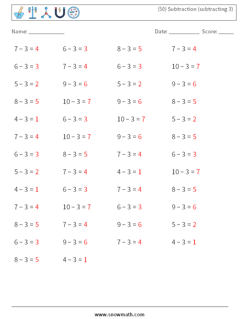 (50) Subtraction (subtracting 3) Maths Worksheets 1 Question, Answer