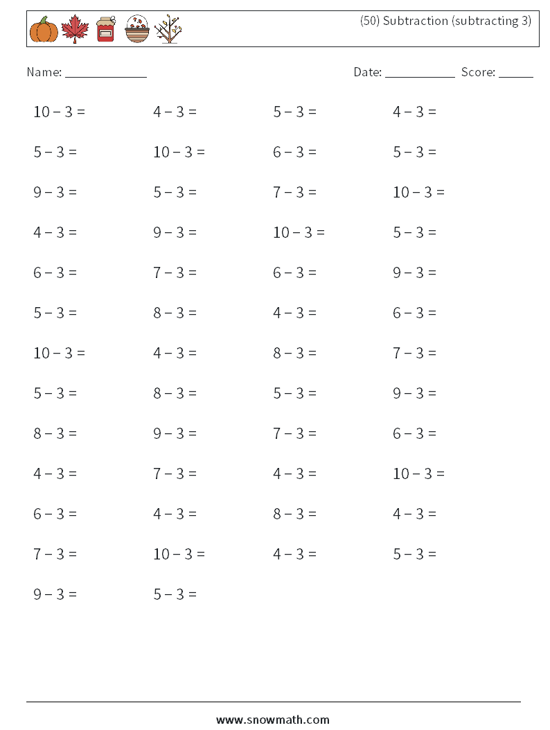 (50) Subtraction (subtracting 3) Maths Worksheets 2