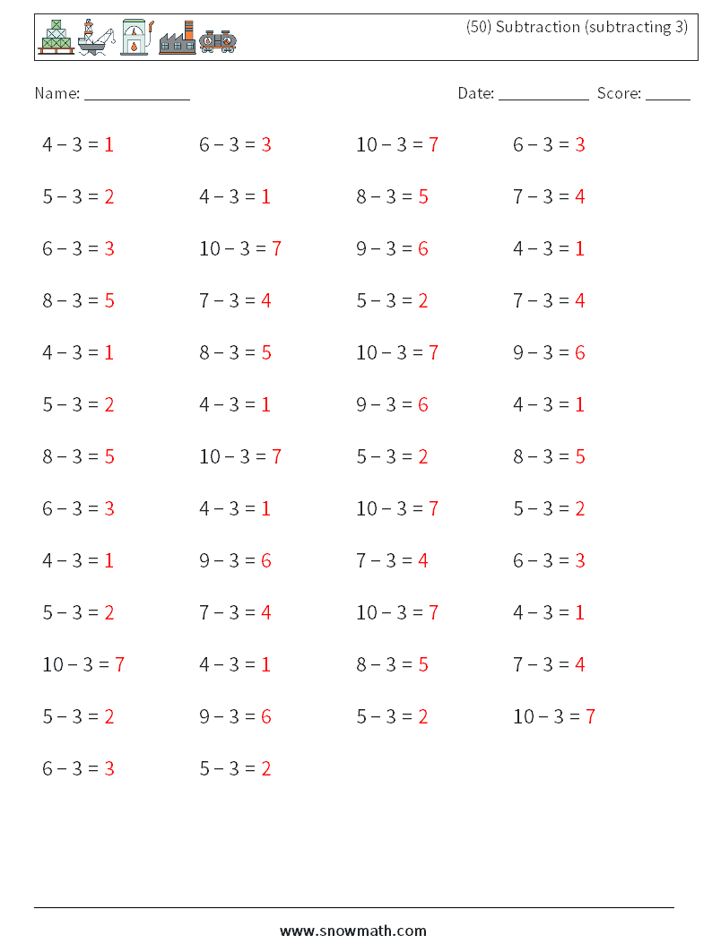 (50) Subtraction (subtracting 3) Maths Worksheets 3 Question, Answer