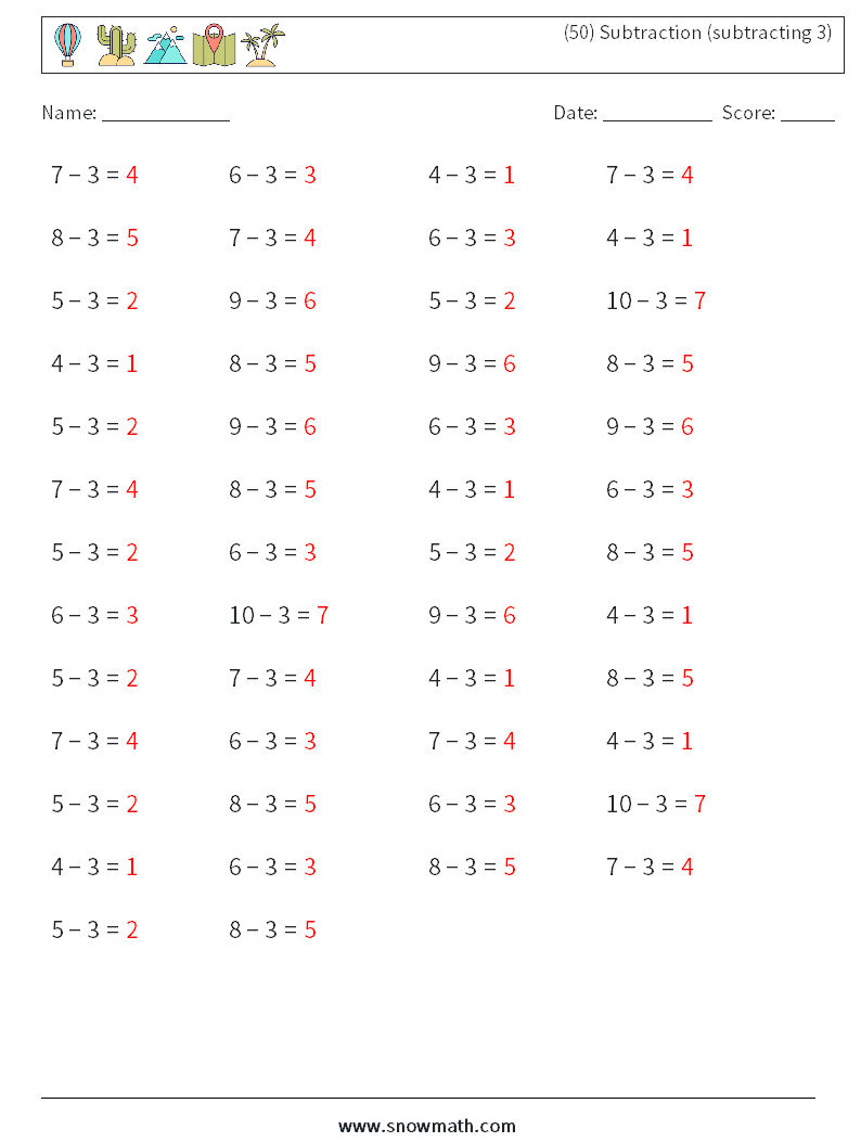 (50) Subtraction (subtracting 3) Maths Worksheets 4 Question, Answer