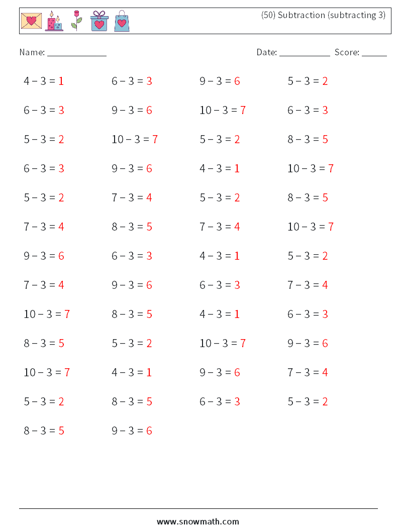 (50) Subtraction (subtracting 3) Maths Worksheets 5 Question, Answer