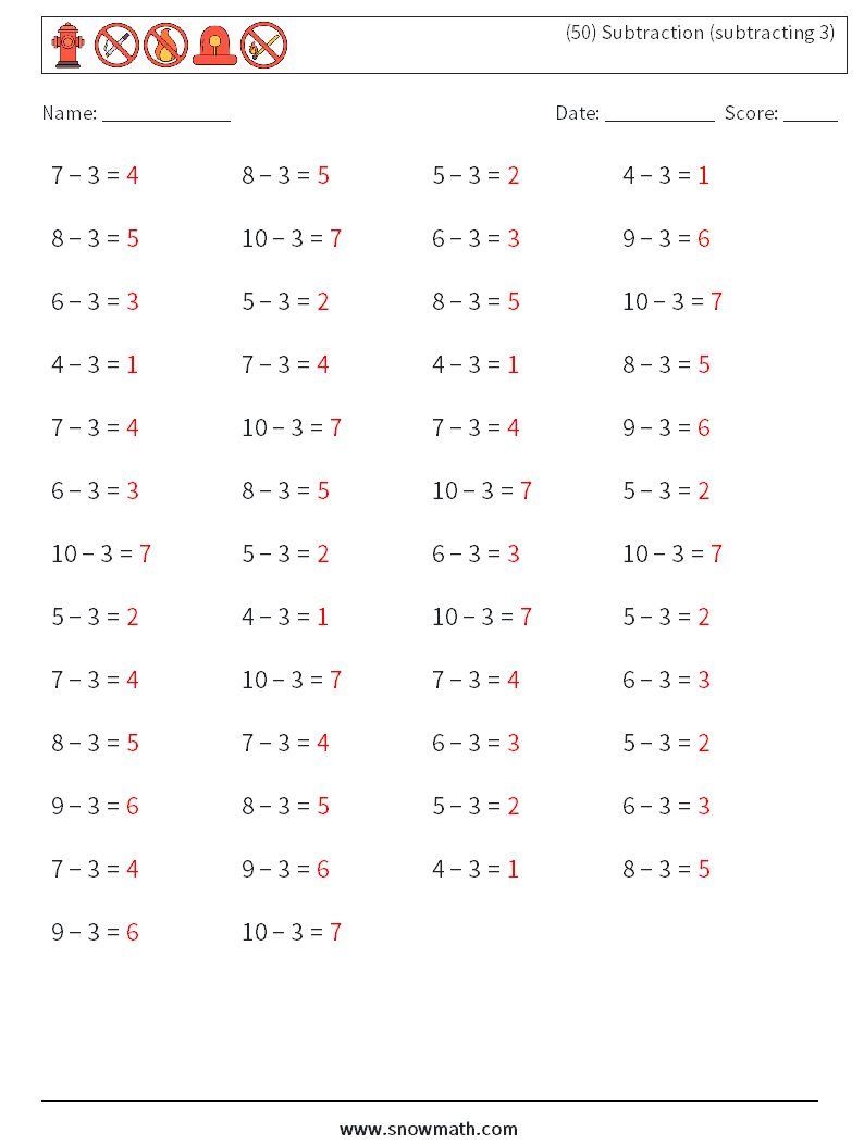 (50) Subtraction (subtracting 3) Maths Worksheets 6 Question, Answer