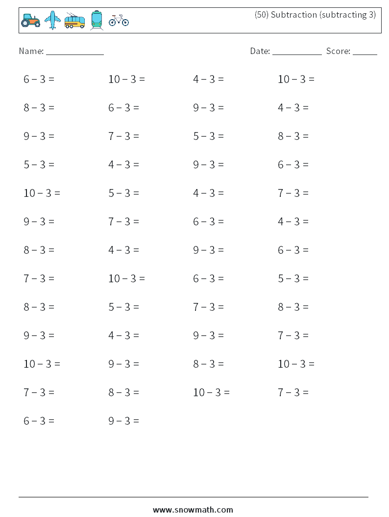 (50) Subtraction (subtracting 3) Maths Worksheets 7