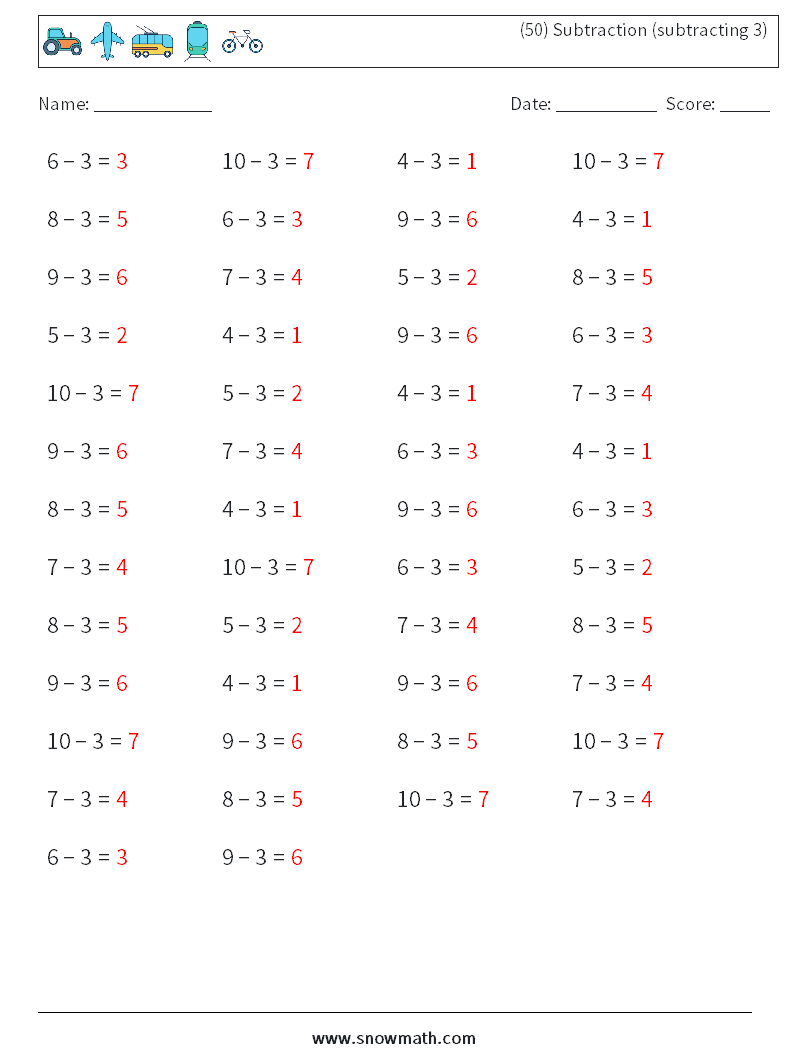 (50) Subtraction (subtracting 3) Maths Worksheets 7 Question, Answer
