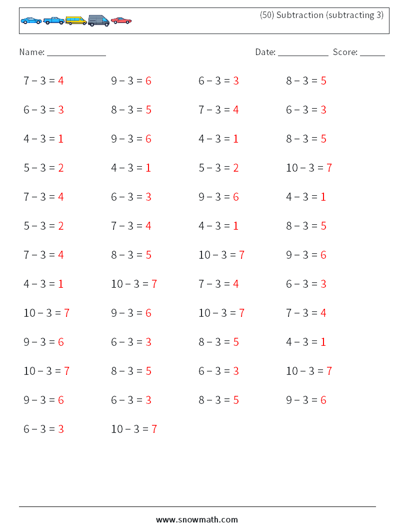 (50) Subtraction (subtracting 3) Maths Worksheets 9 Question, Answer