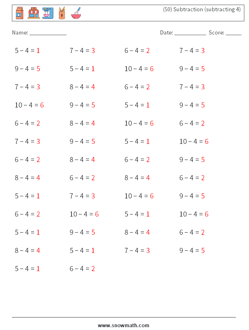 (50) Subtraction (subtracting 4) Maths Worksheets 1 Question, Answer
