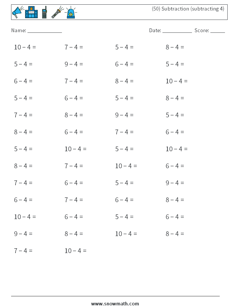 (50) Subtraction (subtracting 4) Maths Worksheets 4