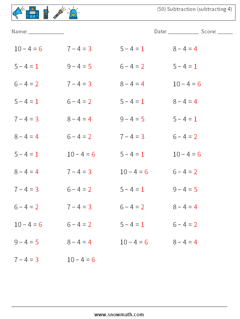 (50) Subtraction (subtracting 4) Maths Worksheets 4 Question, Answer