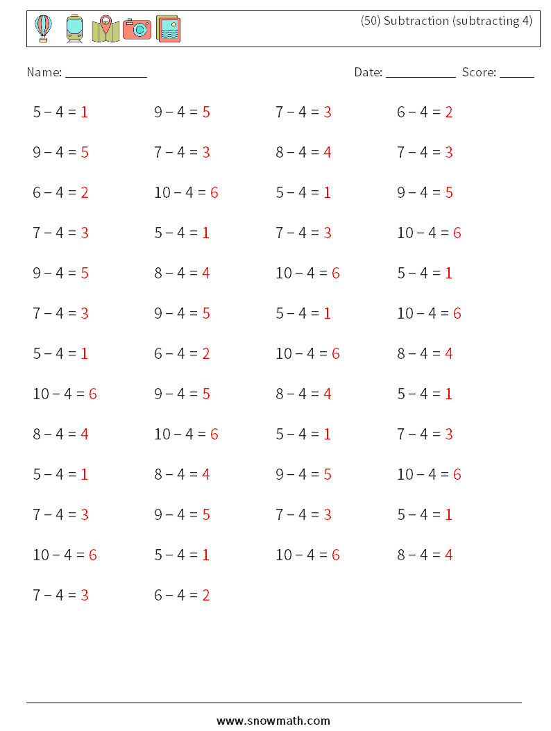 (50) Subtraction (subtracting 4) Maths Worksheets 7 Question, Answer