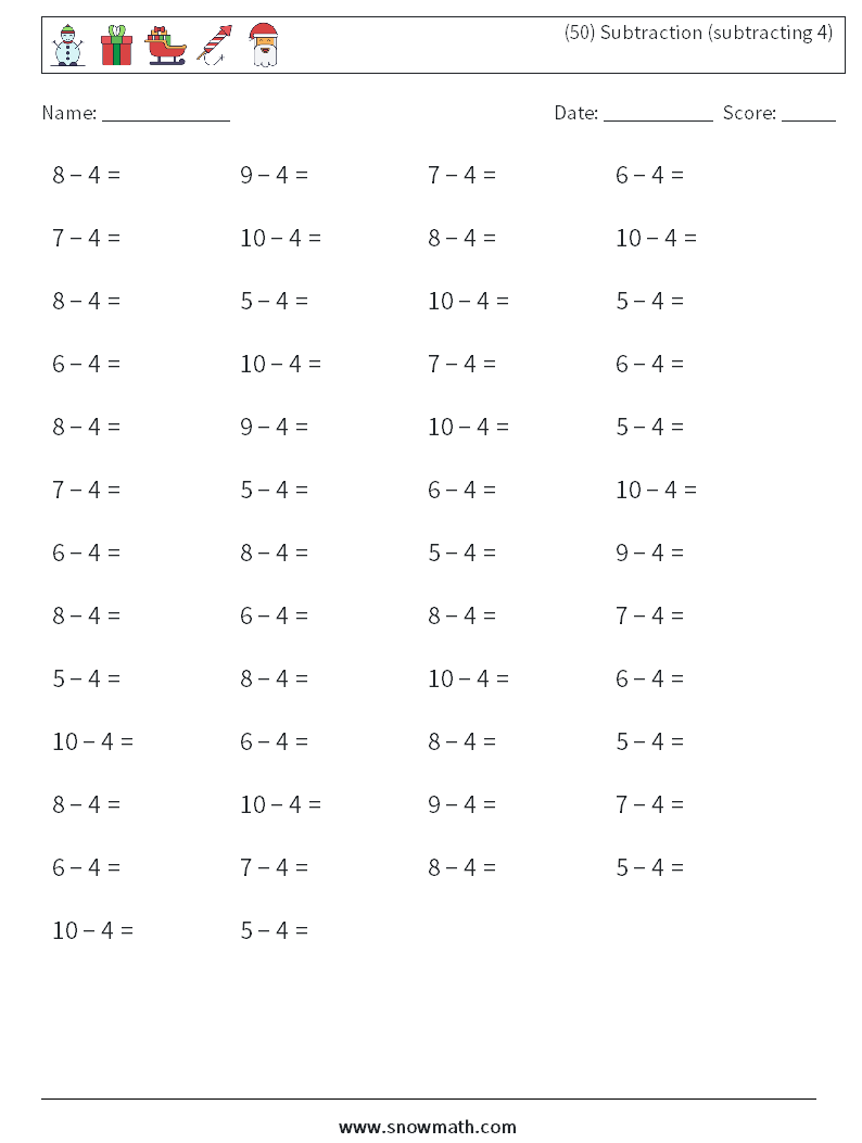 (50) Subtraction (subtracting 4) Maths Worksheets 9