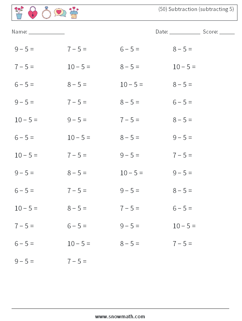 (50) Subtraction (subtracting 5) Maths Worksheets 7